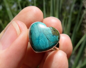 Blue Peruvian opaline heart ring size 9 S 60 Andean Peru opal jewellery boho gemstone 925 sterling silver womens jewelry