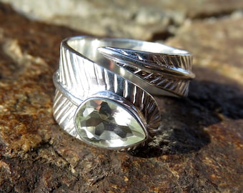 Green amethyst ring, adjustable rings, leaf ring, sterling silver ring for woman, green stone ring, gemstone rings, leaf jewellery