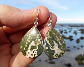 May include: A pair of silver teardrop earrings with green and white ocean jasper stones. The earrings are held in a hand against a background of rocks and water.