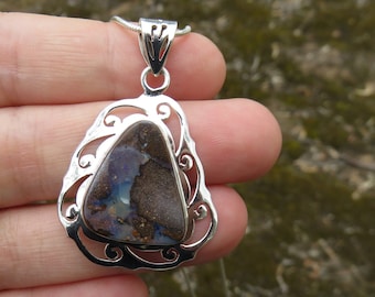 Boulder opal pendant, Australian opal jewellery, boulder opal necklace, sterling silver gemstone pendant, opal jewelry, silver pendant