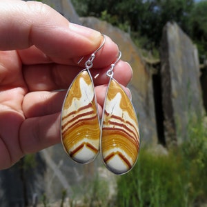 May include: A pair of silver teardrop earrings with brown and white striped agate stones.