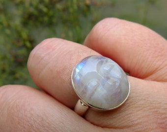 Goddess ring size 7.5, rainbow moonstone ring, spiritual, healing, energy, sterling silver ring, moonstone crystal, gemstone ring for women