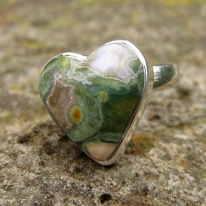 Rhyolite jasper heart ring size 6.5 N 54 rainforest jasper green gemstone 925 sterling silver jewelry forest jasper rings crystal jewellery