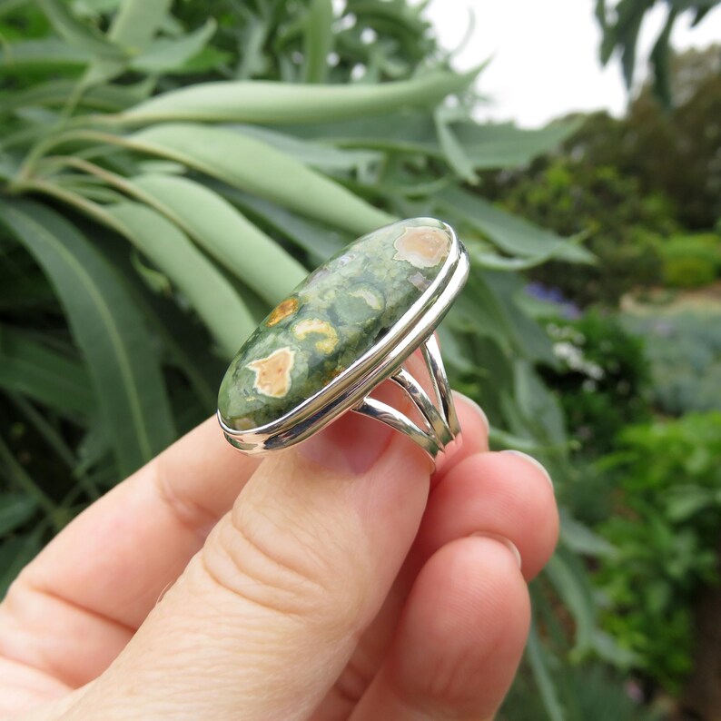 Large rhyolite jasper ring size 7.5 P 56 rainforest jasper 925 sterling silver big green gemstone jewelry women men crystal jewellery