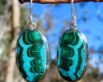 Malachite chrysocolla earrings statement dangling womens green blue dangle gemstone jewellery 925 sterling silver Etsy