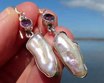 Biwa pearl earrings, multicoloured earrings, amethyst jewelry, gemstone earrings, 925 sterling silver, gemstone jewellery, womens earrings