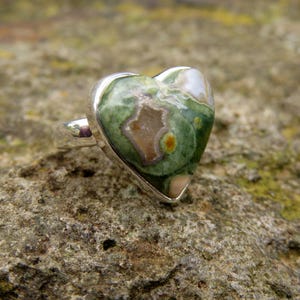 Rhyolite jasper heart ring size 6.5 N 54 rainforest jasper green gemstone 925 sterling silver jewelry forest jasper rings crystal jewellery