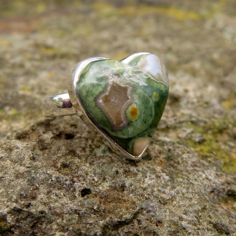 Rhyolite jasper heart ring size 6.5 N 54 rainforest jasper green gemstone 925 sterling silver jewelry forest jasper rings crystal jewellery