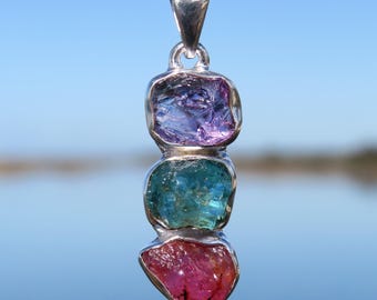 Multicoloured crystal pendant necklace, raw stone jewelry, 925 sterling silver pendant, multi stone gemstone jewellery, amethyst tourmaline