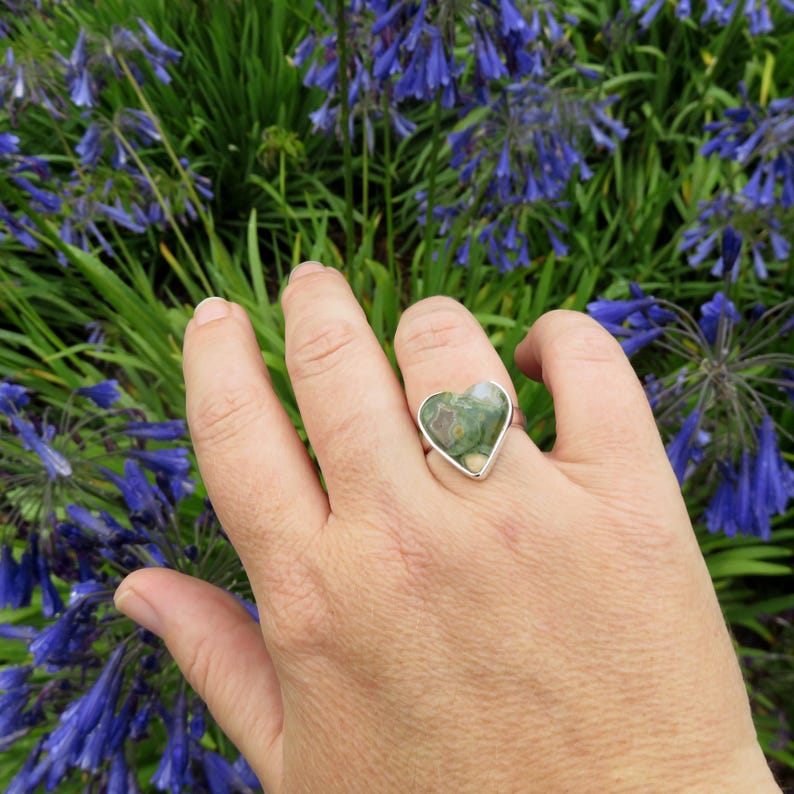 Rhyolite jasper heart ring size 6.5 N 54 rainforest jasper green gemstone 925 sterling silver jewelry forest jasper rings crystal jewellery