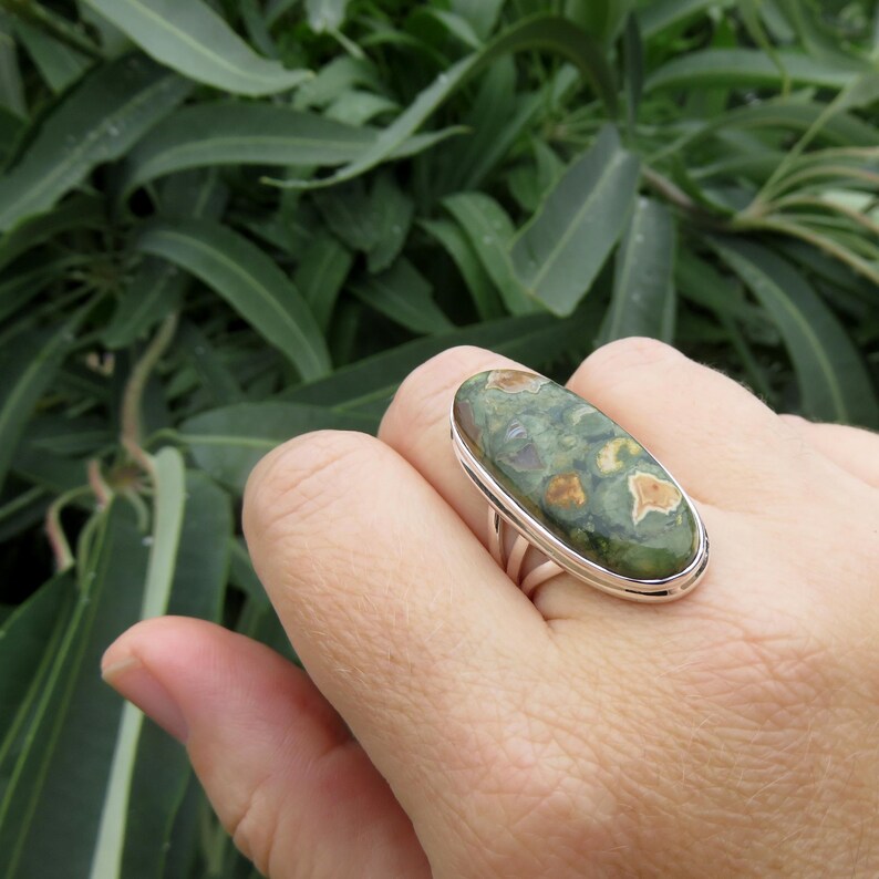 Large rhyolite jasper ring size 7.5 P 56 rainforest jasper 925 sterling silver big green gemstone jewelry women men crystal jewellery