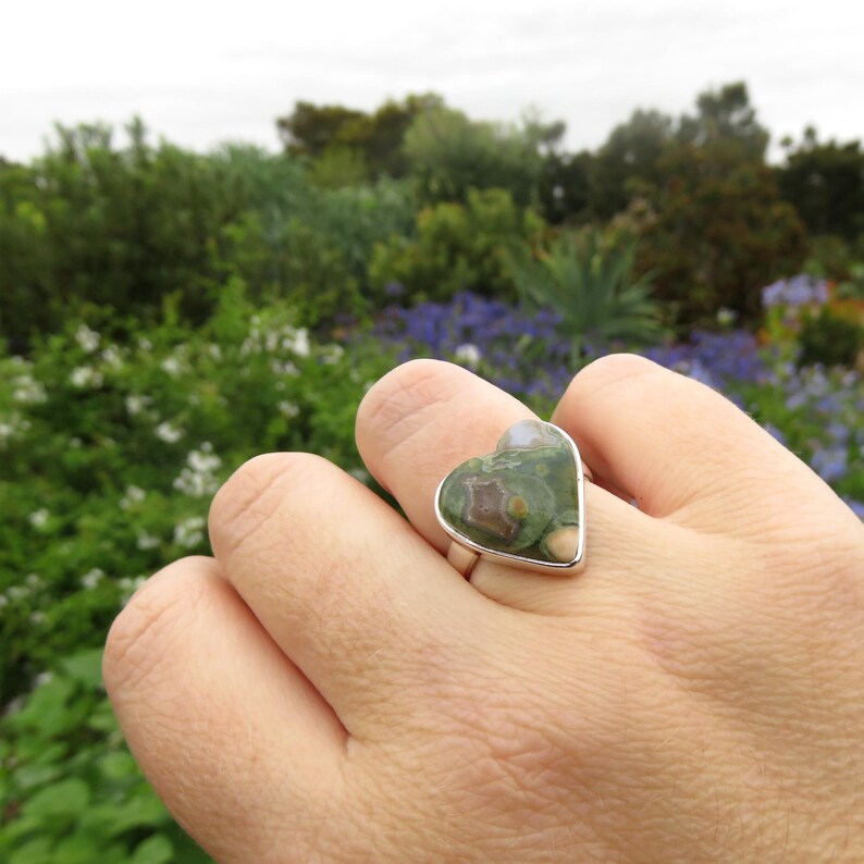 Rhyolite jasper heart ring size 6.5 N 54 rainforest jasper green gemstone 925 sterling silver jewelry forest jasper rings crystal jewellery
