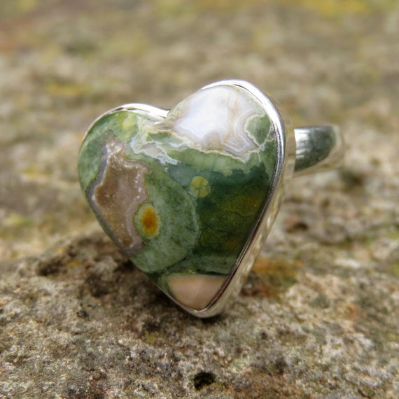 Rhyolite jasper heart ring size 6.5 N 54 rainforest jasper green gemstone 925 sterling silver jewelry forest jasper rings crystal jewellery