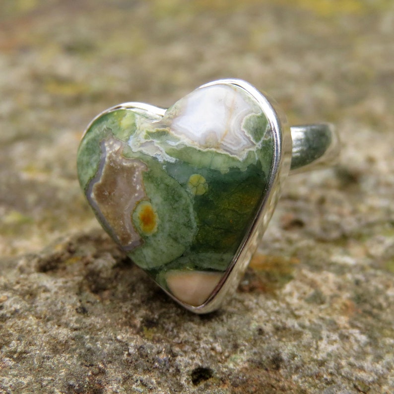 Rhyolite jasper heart ring size 6.5 N 54 rainforest jasper green gemstone 925 sterling silver jewelry forest jasper rings crystal jewellery
