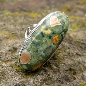 Large rhyolite jasper ring size 7.5 P 56 rainforest jasper 925 sterling silver big green gemstone jewelry women men crystal jewellery