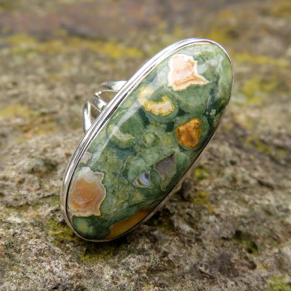 Large rhyolite jasper ring size 7.5 P 56 rainforest jasper 925 sterling silver big green gemstone jewelry women men crystal jewellery
