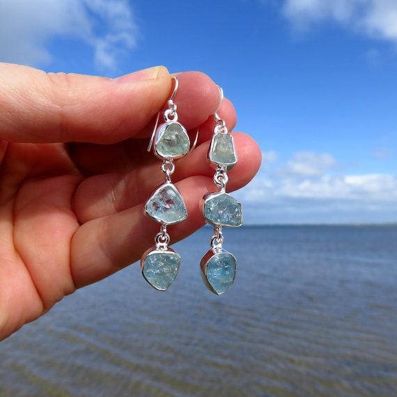 Aquamarine Earrings Beach Earrings Silver Raw Stone Earrings