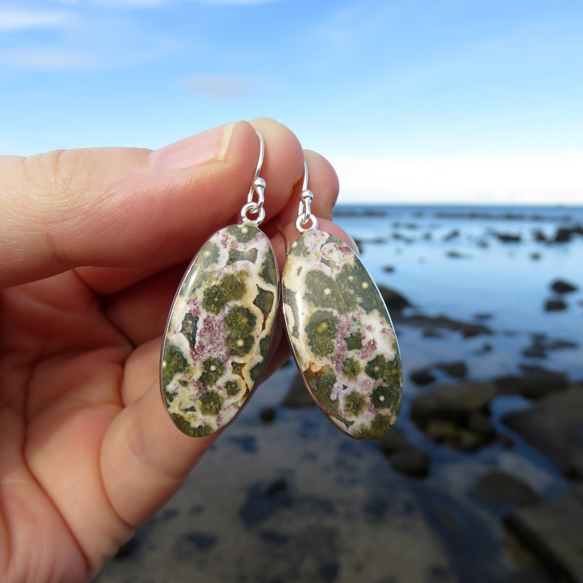 Silver earrings ocean jasper earrings womens earrings sterling silver jewellery dangle earrings gift for her gemstone earrings Etsy