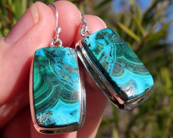 Malachite chrysocolla earrings beach jewelry statement dangling womens green blue gemstone jewellery 925 sterling silver Etsy