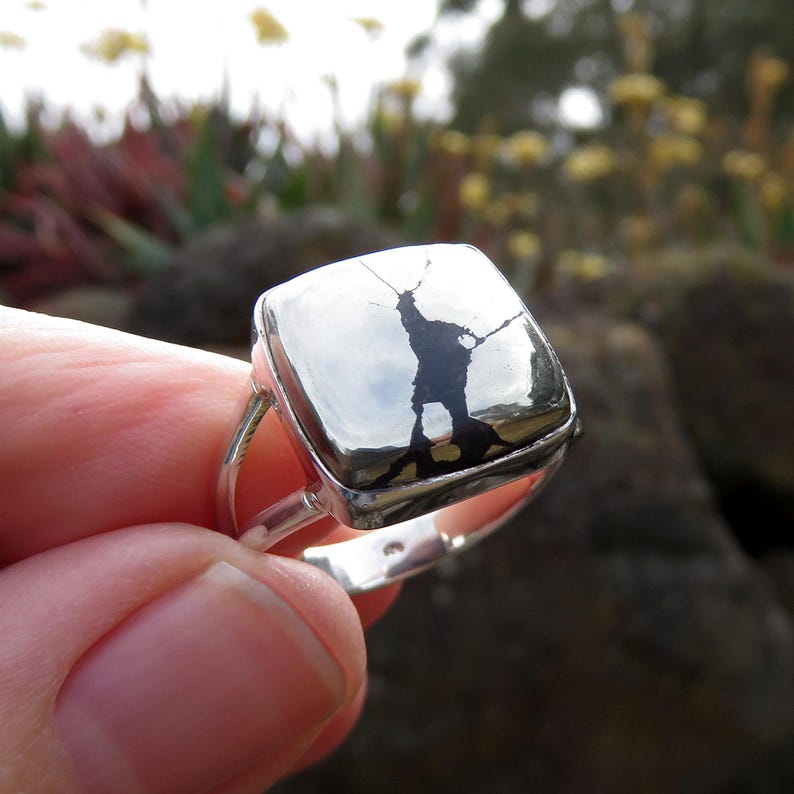 Healers gold ring size 9 mens Wiccan apache gold 925 sterling silver iron pyrite jewellery witch magnetite gemstone womens metaphysical