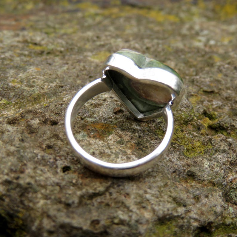 Rhyolite jasper heart ring size 6.5 N 54 rainforest jasper green gemstone 925 sterling silver jewelry forest jasper rings crystal jewellery