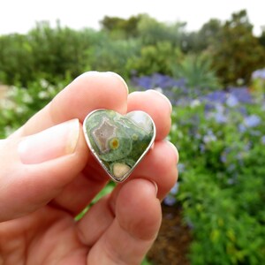 Rhyolite jasper heart ring size 6.5 N 54 rainforest jasper green gemstone 925 sterling silver jewelry forest jasper rings crystal jewellery
