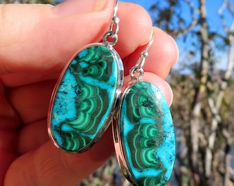 Malachite chrysocolla earrings, statement earrings, dangle womens earrings, green blue earrings, gemstone jewellery, 925 sterling silver