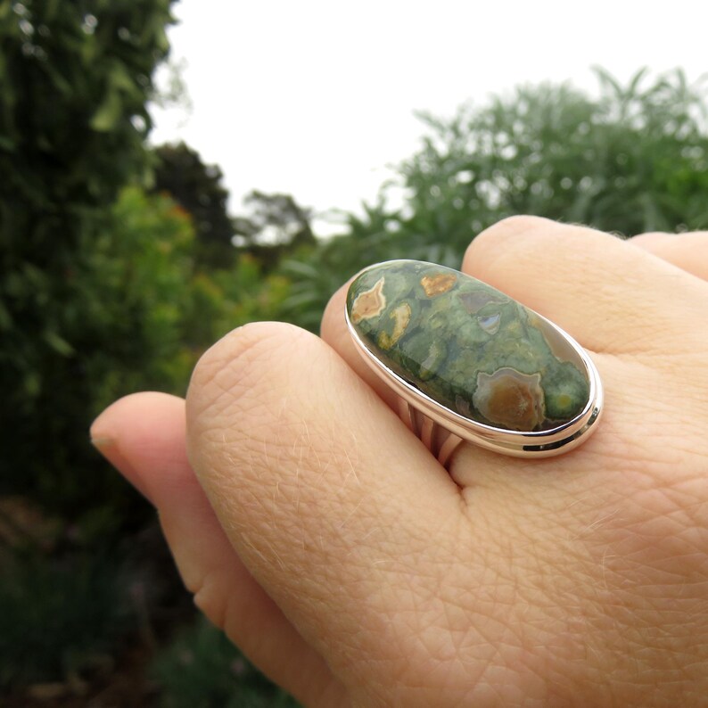 Large rhyolite jasper ring size 7.5 P 56 rainforest jasper 925 sterling silver big green gemstone jewelry women men crystal jewellery