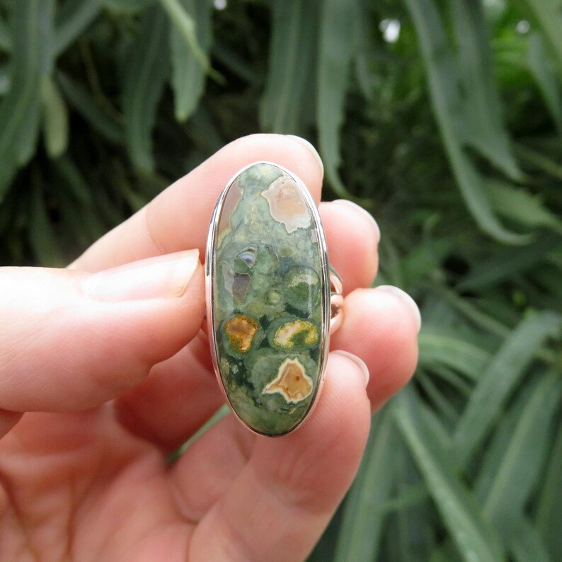 Large rhyolite jasper ring size 7.5 P 56 rainforest jasper 925 sterling silver big green gemstone jewelry women men crystal jewellery