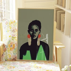 Afro-Caribbean Woman Portrait | Green Art Print | Black Woman Art | African Diaspora Decor | Premium Fine Art Print | Hahnemühle Paper