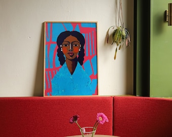 Moriah. Colorful Black Girl Illustration | Afrocentric Portrait Art | Blue and Pink Palette | Hahnemühle German Etching Paper Art Print