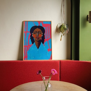 Moriah. Colorful Black Girl Illustration | Afrocentric Portrait Art | Blue and Pink Palette | Hahnemühle German Etching Paper Art Print
