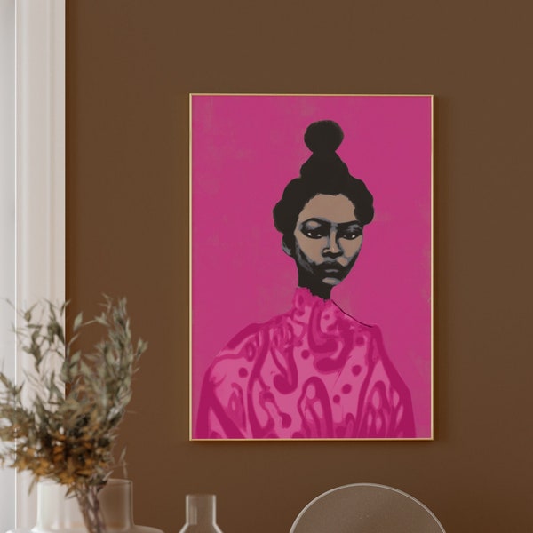 Jeanne II. Portrait de femme noire fuschia | Art contemporain afro-antillais | Art mural femme noire | Gravure allemande Hahnemühle