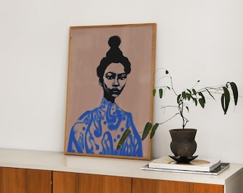Jenee. Soft Blue Portrait of Black Woman | Afro Caribbean Contemporary Art | Neue Black Art | Hahnemühle German Etching Paper Art Print