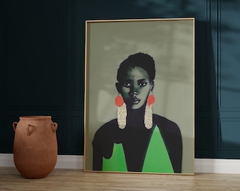 Ngozi. Vintage grünes Porträt schwarzer Frau | Afro Karibische Kunst | Bildende Kunst | Hahnemühle Altpapier Kunstdruck