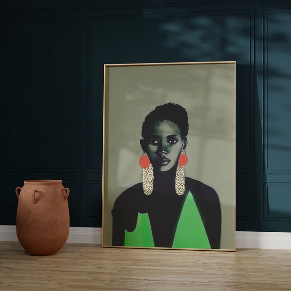 Ngozi. Vintage Green Portrait of Black Woman | Afro Caribbean Art | Fine Art | Hahnemühle German Etching Paper Art Print