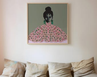 Black Woman Portrait Art Print | Pink and Green Fashion Wall Art | Modern Afrocentric Decor | Hahnemühle Fine Art Print | Black Owned Art