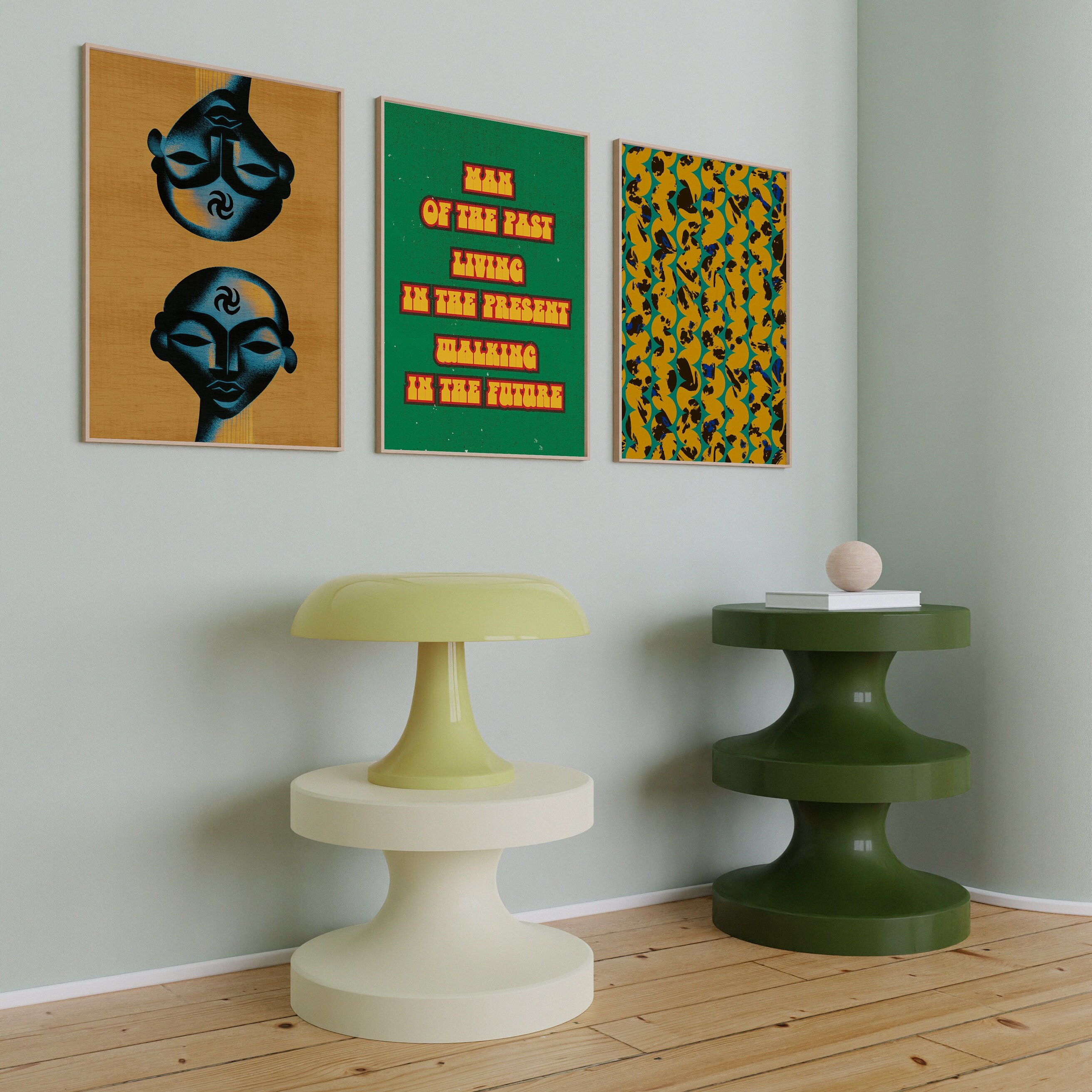 Afrocentric Art Set of 3 Green Wall Art Modern Black Decor Etsy