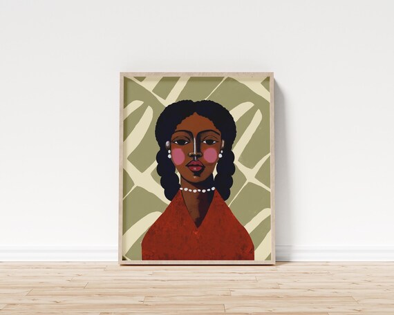 Moriah II | Black Woman Portrait Art | Pearl Jewelry, Sage Green, Terracotta | Hahnemühle Fine Art