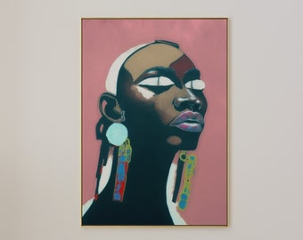 Afro American Feminine Art | Pink Portrait of Black Woman | Afrocentric Wall Art | Black Girl Decor | Afrocentric Wall Art | Black Owned