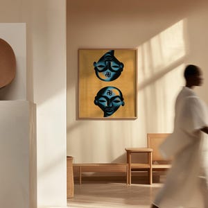 Das Gesetz der Samen - Mystische Gesichter Kunstdruck | Blau und Gold abstraktes Porträt | Tribal-inspirierte Wanddekoration | Hahnemühle Kunstdruck