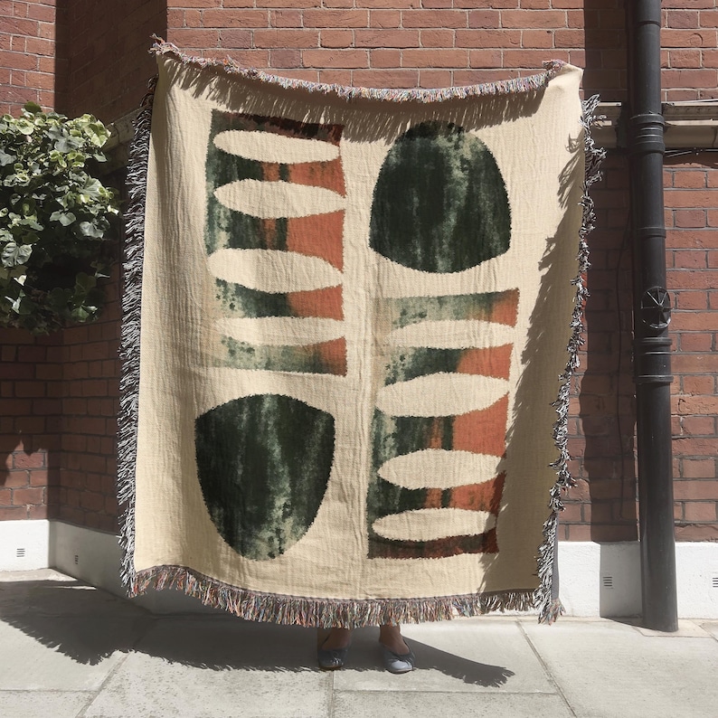 Potlach Woven Throw Earthy Abstract Art Blanket Sage Green & Terracotta