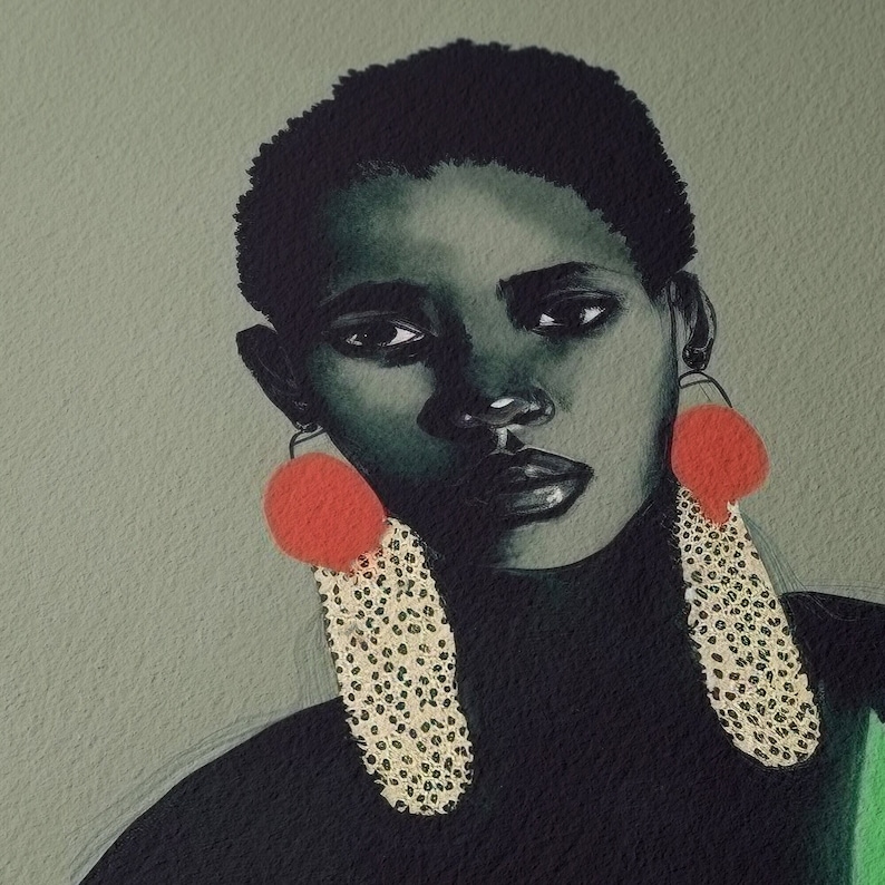 Ngozi. Vintage Green Portrait of Black Woman Afro Caribbean Art Fine Art Hahnemühle German Etching Paper Art Print image 2