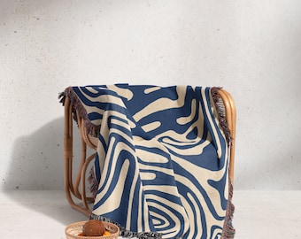 Boho Blue Jacquard Woven Blanket - Minimalist Design