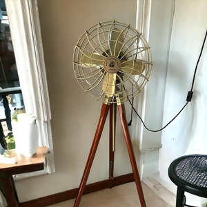 Brass Antique Finish Electric Floor Fan With Adjustable Wooden Tripod Stand | Vintage Inspired Standing Floor Fan Elegant Home Accessories