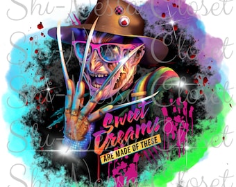 May include: A digital illustration of Freddy Krueger from the movie A Nightmare on Elm Street. He is wearing a brown fedora, sunglasses, and a striped shirt. He has a menacing expression and is holding up his clawed hands. The background is a colorful watercolor wash with the text "Sweet Dreams Are Made of These".