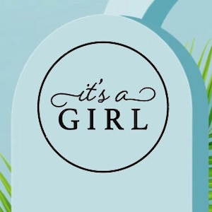 May include: A light blue background with a white platform and archways. The words "it's a GIRL" are in a black circle. Green palm leaves are in the background. The image is a baby shower or gender reveal theme.