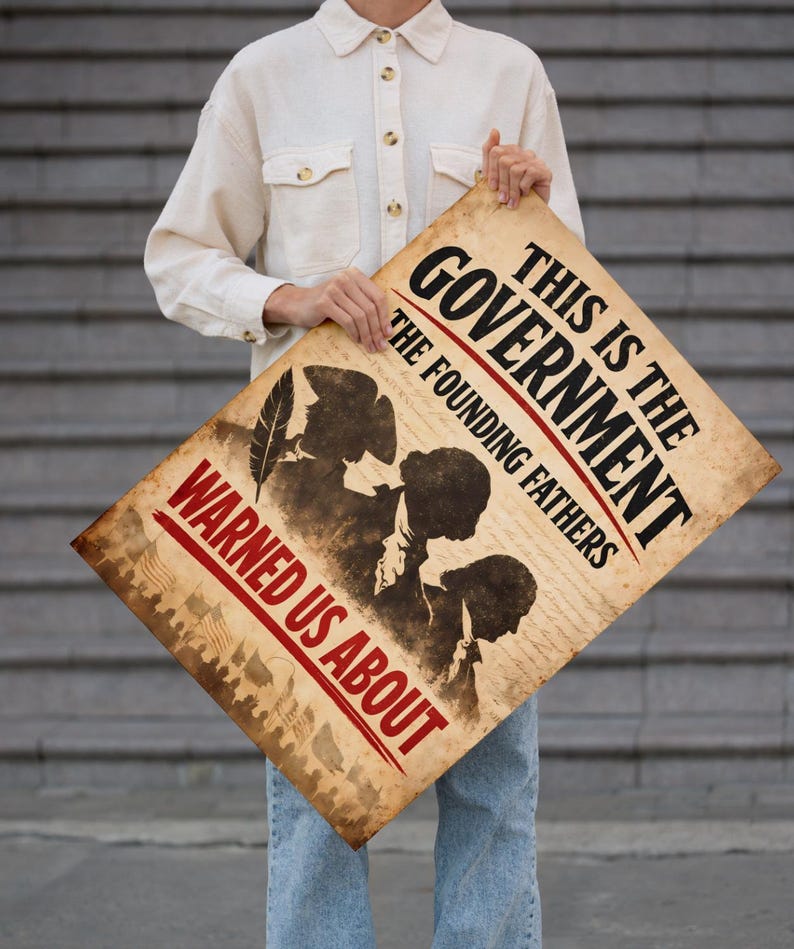 Może przedstawiać: Plakat w stylu vintage z napisem "THIS IS THE GOVERNMENT THE FOUNDING FATHERS WARNED US ABOUT." Plakat przedstawia sylwetki postaci i pi&oacute;ro, z postarzanym, zużytym wyglądem. Plakat jest trzymany przez osobę.
