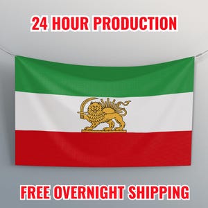 May include: A rectangular flag with horizontal stripes of green, white, and red. The center features a golden lion holding a sword. The text "24 HOUR PRODUCTION" and "FREE OVERNIGHT SHIPPING" are displayed in red.