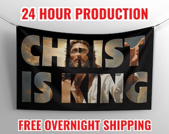 May include: Black banner with the text "CHRIST IS KING" in white letters. The text is overlaid on a painting of Jesus Christ with a crown of thorns.